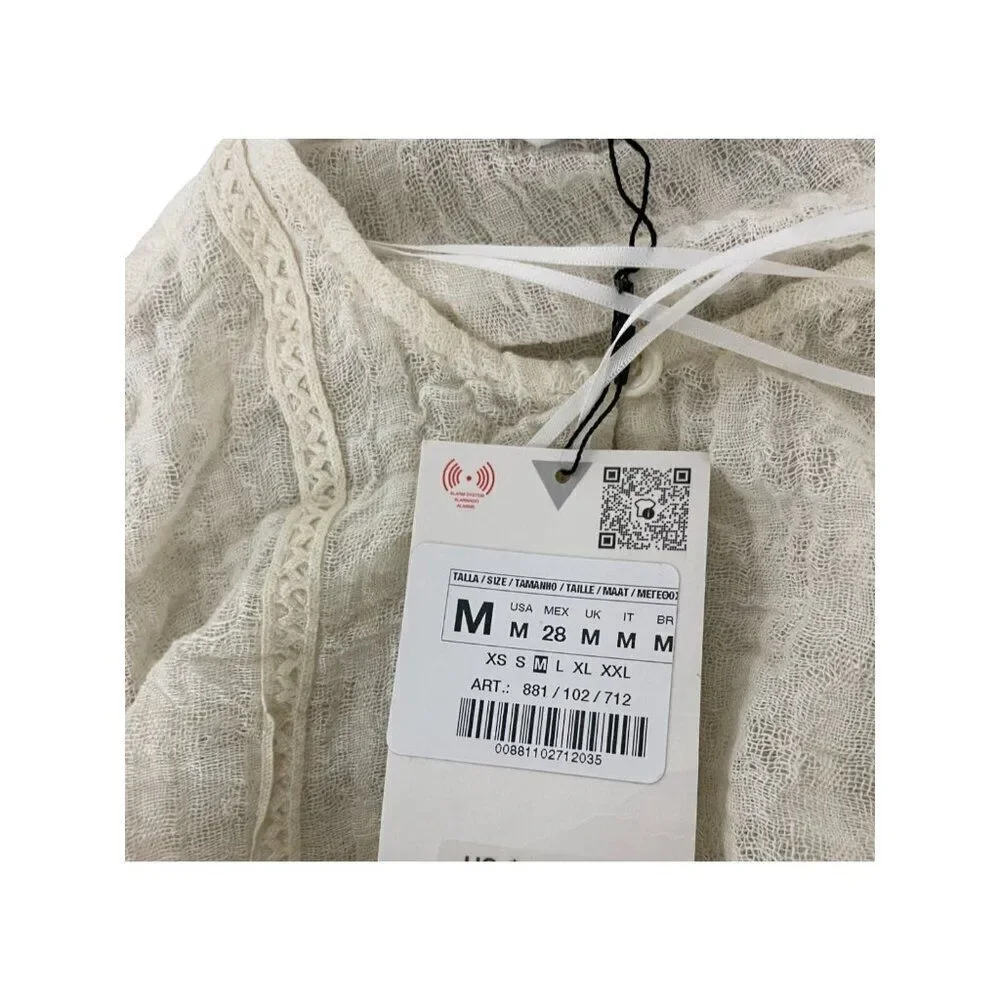 Zara Womens Top M Ivory Crochet Long Sleeve Cropped Blouse Cotton 3440/244 NWT